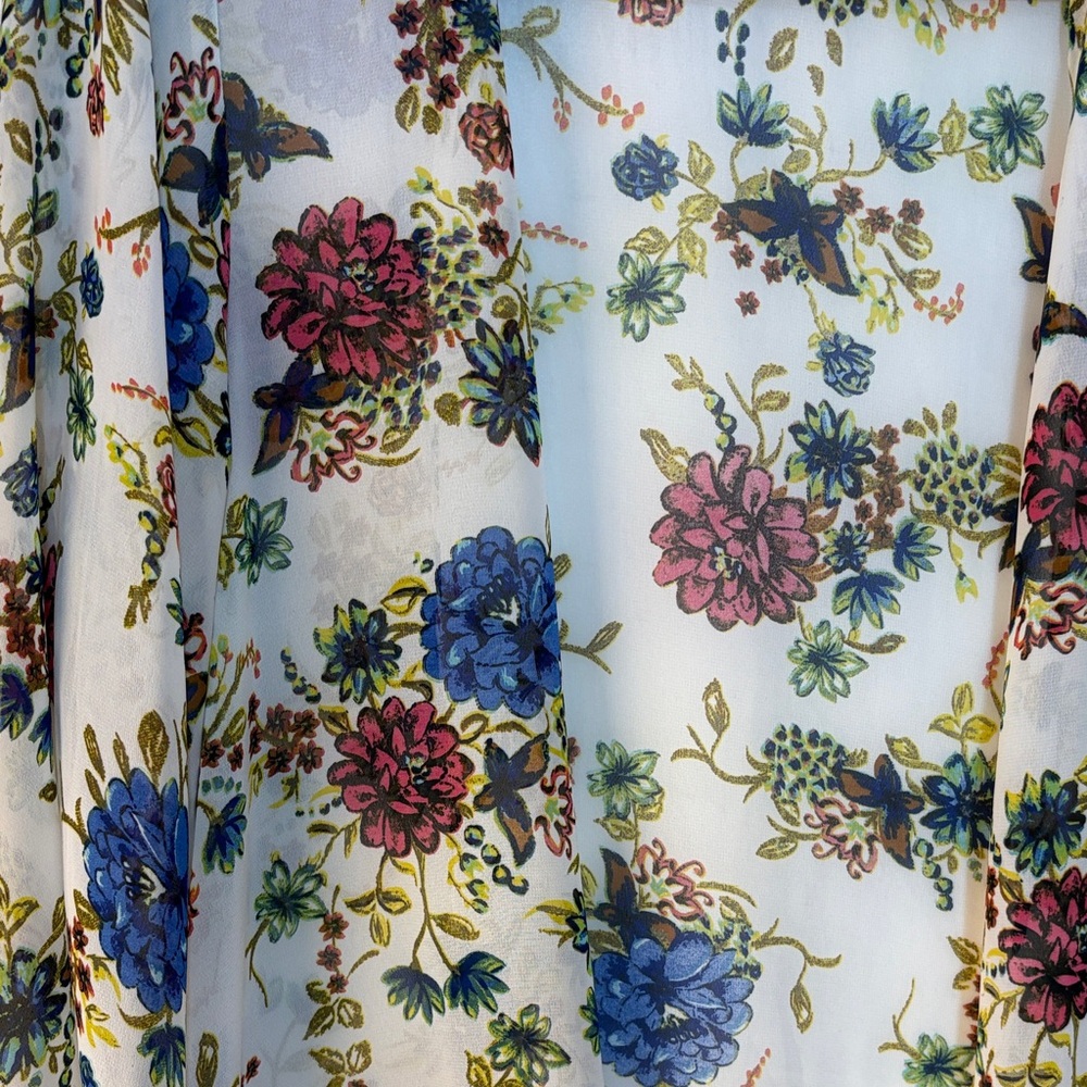 Skies Are Blue Floral Kimono Cardigan Medium Boho Sheer Fringe Hem Festival - Picture 8 of 14